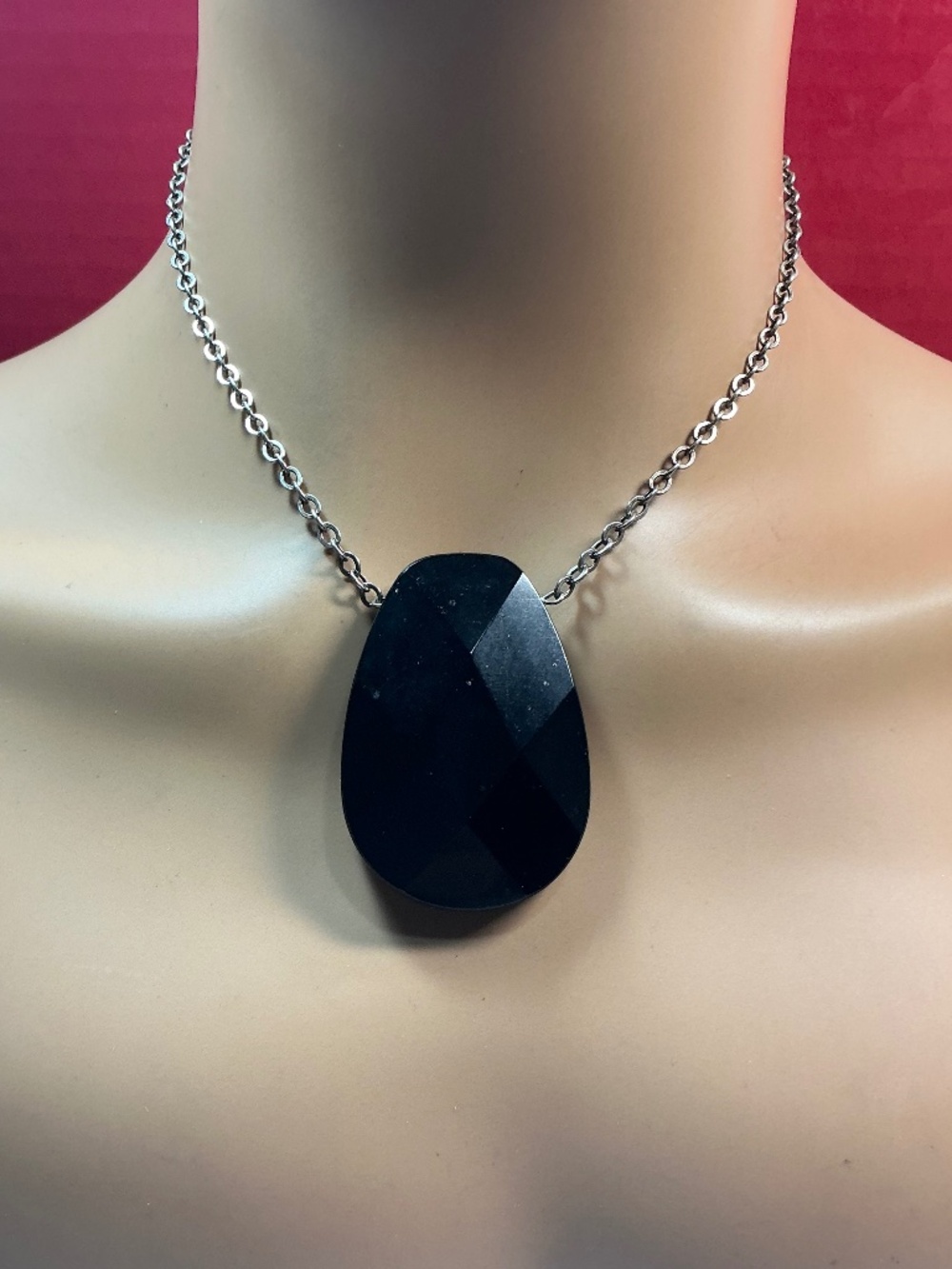 Sterling Silver Necklace with a Large Black Stone. 17 inches long